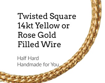 Twisted Square 14kt Yellow or Rose Gold Filled Wire - Half Hard - 1/8 Troy ounce - 16, 18, 20, 22, 24, 26 gauge