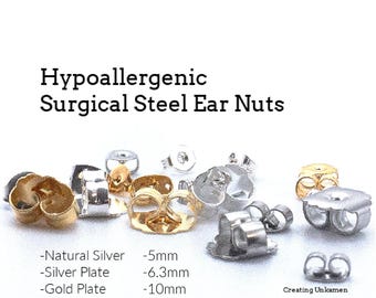 20 par hypoallergena öronmuttrar, ryggstöd, kuvert i kirurgiskt stål - små, medelstora eller stora - naturligt silver, guldplätering, silverplätering