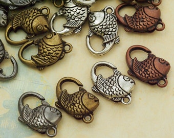 4 Fish Lobster Clasps - 20mm X 13mm - Antique Silver, Antique Gold, Antique Copper, or Gunmetal Lobster Claws - 100% Guarantee