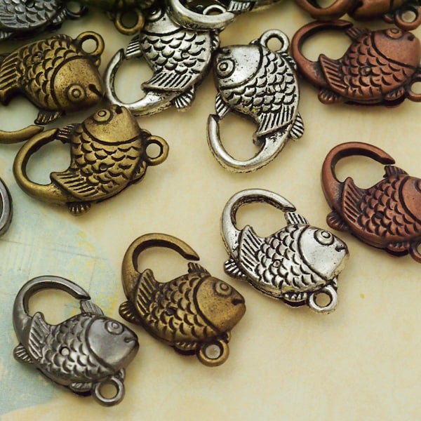 4 Fish Lobster Clasps - 20mm X 13mm - Antique Silver, Antique Gold, Antique Copper, or Gunmetal Lobster Claws - 100% Guarantee
