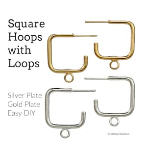 Ear Wires 2 Pairs Square Hoops with Loops in Silver Plate and Gold Plate 17mm