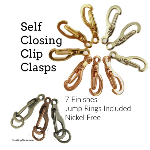 7 Self Closing Triggerless Clip Clasps 13mm X 5mm Silver Plate, Gold Plate, Antique Silver, Gunmetal, Copper, Antique Copper With Jump Rings