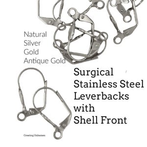 Leverback Ear Wires 5 Pairs Surgical Stainless Steel with Shell Front - Also Silver Plate, Gold Plate, Antique Gold and Gunmetal