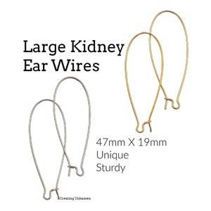 10 Pairs Large Kidney Ear Wires - Silver or Gold Plate - 47mm X 19mm