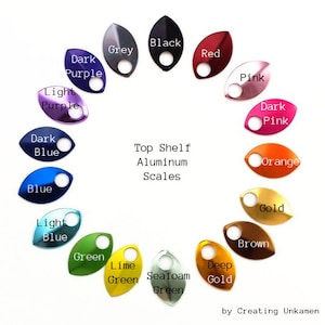 Peut inclure: Une collection d'écailles en aluminium Top Shelf disposées en cercle, présentant diverses couleurs dont gris, noir, rouge, rose, rose foncé, orange, or, marron, or profond, vert mousse, vert citron, vert, bleu clair, bleu, bleu foncé, violet clair et violet foncé.
