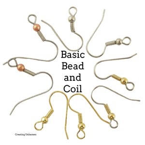 May include: Assortment of basic bead and coil earring hooks in gold, silver, and rose gold tones.  The hooks are arranged in a circle on a white background.  The text "Basic Bead and Coil" is printed in black in the center of the image.