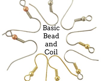 20 pairs - Basic Bead and Coil Ear Wires in Stainless Steel,  Silver Plate, Gold Plate, Copper - 100% Guarantee