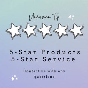 以下が含まれることがあります： 5つの星、"Unkamen Tip"というテキストオーバーレイ、および"5-Star Products 5-Star Service Contact us with any questions"というテキストを含むグラフィック。