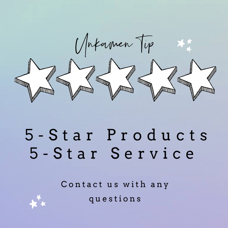以下が含まれることがあります： 5つの星、"Unkamen Tip"というテキストオーバーレイ、および"5-Star Products 5-Star Service Contact us with any questions"というテキストを含むグラフィック。