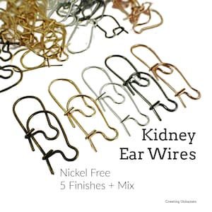 May include: A close-up of a variety of kidney ear wires in five different finishes: gold, silver, rose gold, black, and gunmetal. The ear wires are nickel-free and are labeled "Kidney Ear Wires" and "Nickel Free 5 Finishes + Mix".
