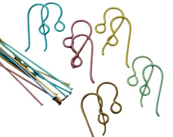 May include: A collection of metal earring hooks in various colors including turquoise, pink, gold, and green, paired with matching long straight headpins. The earring components feature a curved wire design with a small loop at the bottom.
