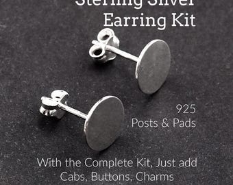5 pairs Deluxe Sterling Silver Post Earring Kit with 4mm, 6mm, 8mm, 10mm Pad with Optional Backs and Resin