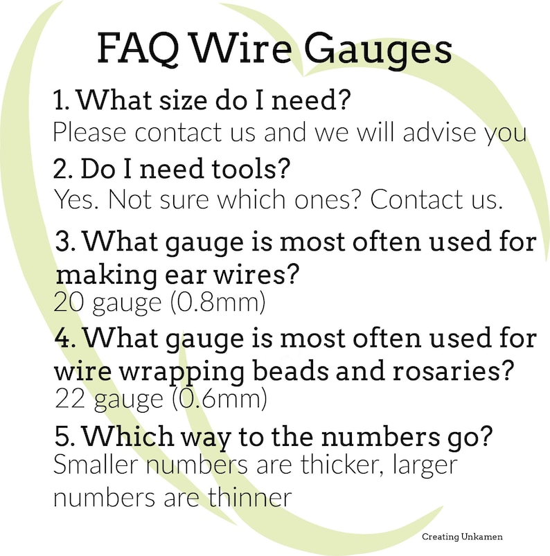 May include: An informational graphic titled FAQ Wire Gauges with black text on a light green background. It lists five questions and answers regarding wire sizes, including 20 gauge (0.8mm) for ear wires and 22 gauge (0.6mm) for wire wrapping.