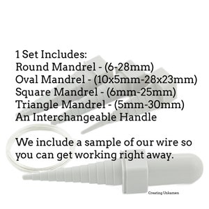 May include: A set of five grey mandrels for jewellery making, including round, oval, square, and triangle shapes. The set also includes an interchangeable handle. The text "1 Set Includes:" is visible in the image. The text "We include a sample of our wire so you can get working right away." is also visible in the image.