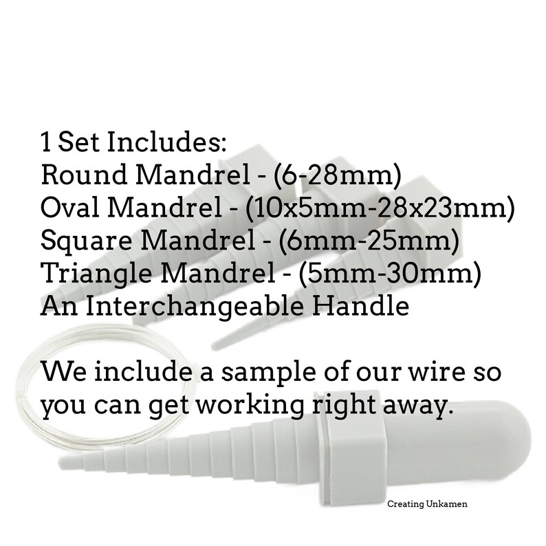 May include: A set of five grey mandrels for jewellery making, including round, oval, square, and triangle shapes. The set also includes an interchangeable handle. The text "1 Set Includes:" is visible in the image. The text "We include a sample of our wire so you can get working right away." is also visible in the image.