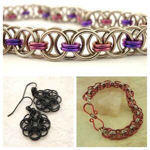 May include: Three pieces of jewelry made with a chainmail style of metal rings. The first piece is a necklace with silver rings and purple and pink accents. The second piece is a pair of earrings with black rings. The third piece is a bracelet with silver and red rings.