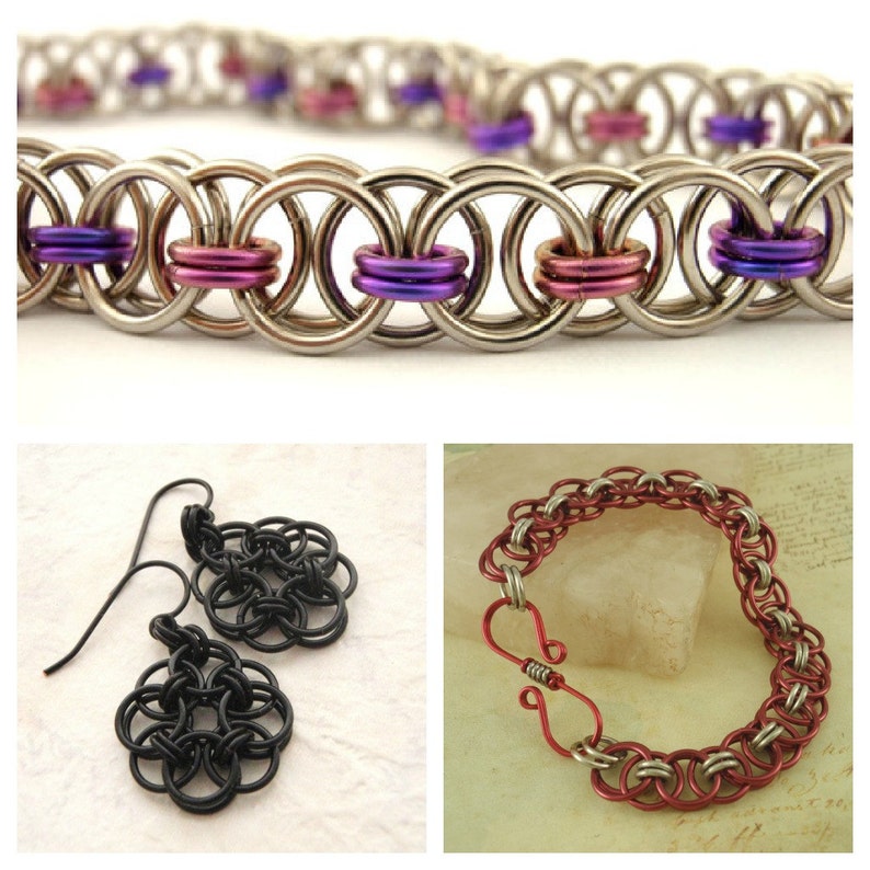 May include: Three pieces of jewelry made with a chainmail style of metal rings. The first piece is a necklace with silver rings and purple and pink accents. The second piece is a pair of earrings with black rings. The third piece is a bracelet with silver and red rings.
