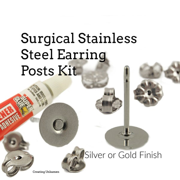 20 pairs Surgical Stainless Steel Earring Posts KIT 1.5mm, 3mm, 6mm, 8mm, 10mm, 12mm, 14mm Pad - Glue On - Hypoallergenic - Silver or Gold