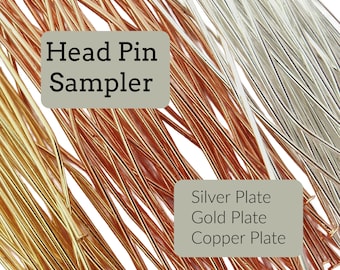 144 Head Pins Sample Pack in Copper, Silver and Gold Plate 24 gauge 2 inches