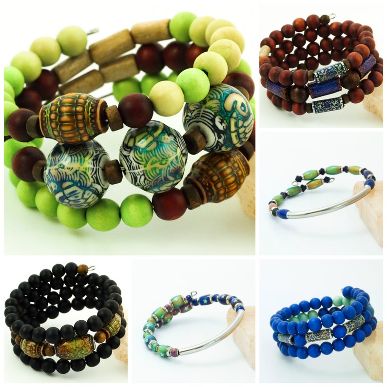May include: Six different bracelets made of wood, metal, and glass beads. The bracelets are in various colors, including green, blue, brown, and black.