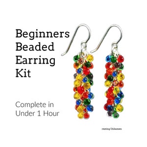 May include: A beginner's beaded earring kit with colorful glass beads and silver hooks. The kit includes everything needed to make a pair of earrings in under an hour.  "Complete in Under 1 Hour"