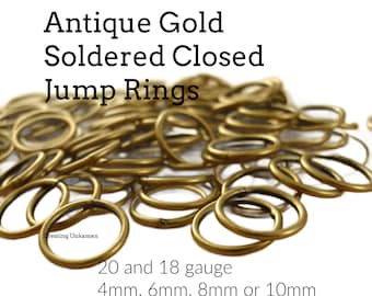 100 Antique Gold Soldered Closed Jump Rings 20 and 18 gauge 4mm, 6mm, 8mm or 10mm - 100% Guarantee