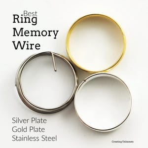 May include: Three rings made of memory wire, one silver plated, one gold plated, and one stainless steel. The rings are arranged in a triangle shape on a white background. The text "Best Ring Memory Wire" is at the top of the image. The text "Silver Plate, Gold Plate, Stainless Steel" is at the bottom of the image.
