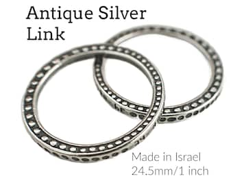 1 Antique Silver Plated Link, Focal, Soldered Closed Patterned Jump Ring 12 gauge 24.5mm OD - Best Commercially Available - 100% Guarantee