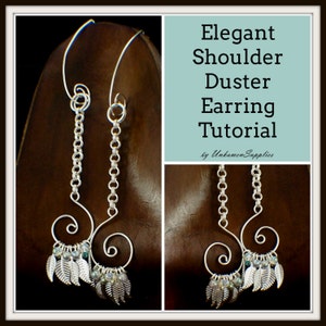 May include: Elegant shoulder duster earrings tutorial by Unkamen Supplies. The earrings are silver and feature a chain, a swirl design, and small silver leaves with clear beads.