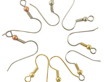 20 pairs - Basic Bead and Coil Ear Wires in Stainless Steel,  Silver Plate, Gold Plate, Copper - 100% Guarantee