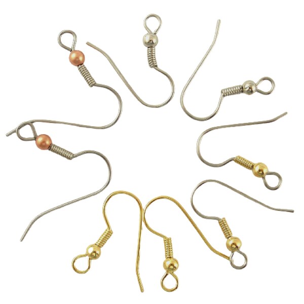 20 pairs - Basic Bead and Coil Ear Wires in Stainless Steel,  Silver Plate, Gold Plate, Copper - 100% Guarantee