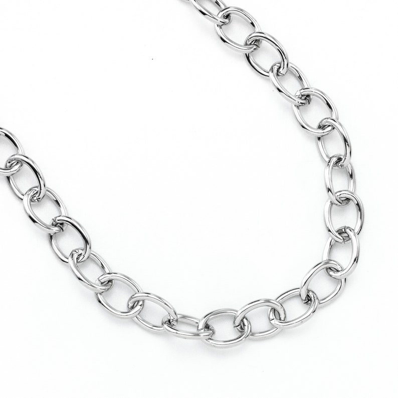 Puede incluir: Un collar de cadena de plata con eslabones ovalados.