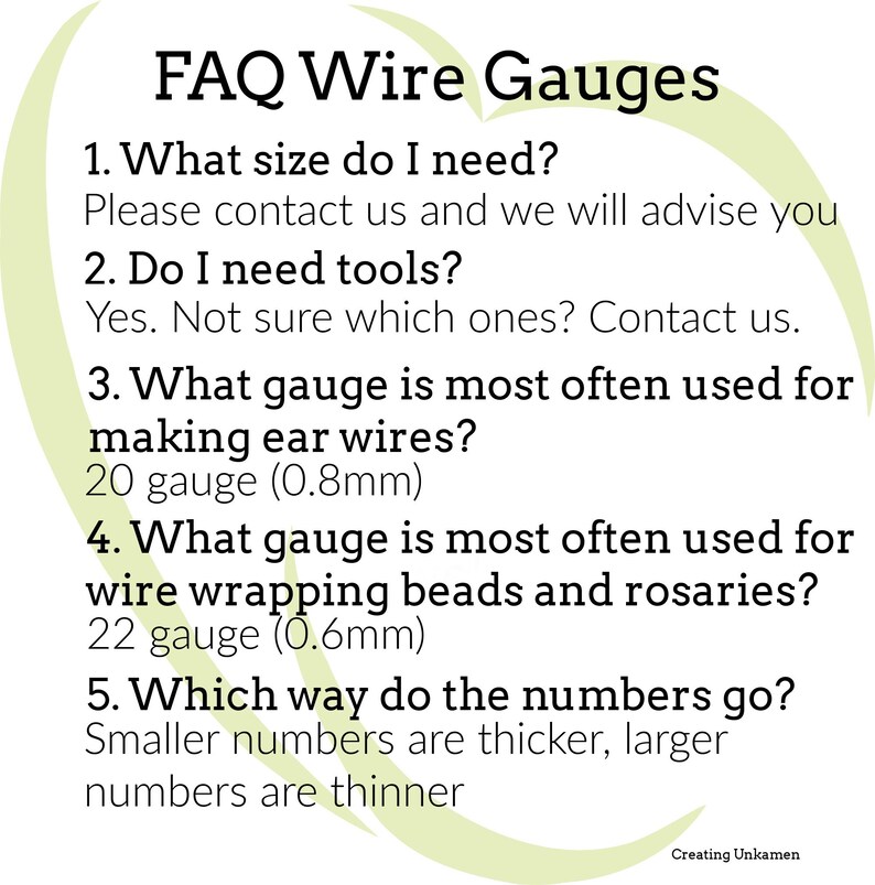 May include: An informational graphic titled FAQ Wire Gauges with a light green heart-shaped background. It lists five questions and answers regarding wire sizes, tools, and gauges, specifically noting 20 gauge is 0.8mm and 22 gauge is 0.6mm.