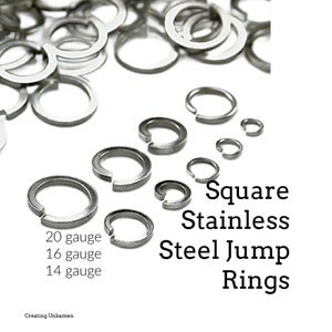 Op de afbeelding: Vierkante springringen van roestvrij staal in verschillende maten. De ringen zijn gemaakt van metaal en hebben een gepolijste afwerking. De afbeelding toont ringen in 20 gauge, 16 gauge en 14 gauge.
