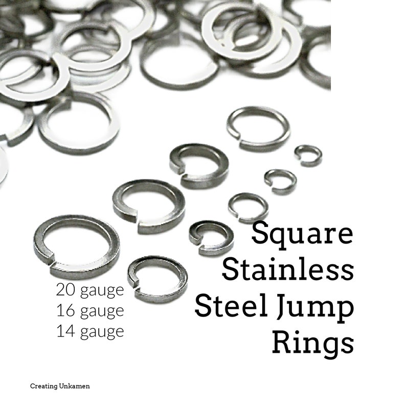Puede incluir: Anillos de salto cuadrados de acero inoxidable en varios tama&ntilde;os. Los anillos son de metal y tienen un acabado pulido. La imagen muestra anillos de 20, 16 y 14 galgas.