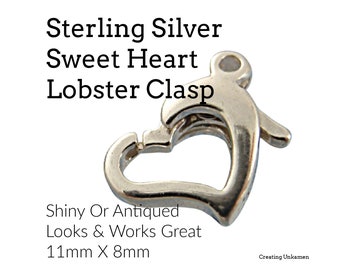 1 - Sterling Silver Sweet Heart Lobster Clasp - Shiny Or Antiqued - Looks & Works Great -  11mm X 8mm - 100% Guarantee