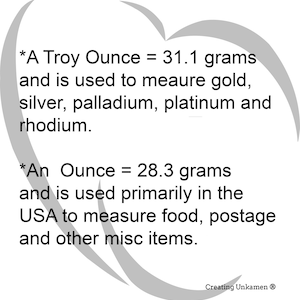 May include: A white informational graphic featuring black text that reads: *A Troy Ounce = 31.1 grams and is used to measure gold, silver, palladium, platinum and rhodium. *An Ounce = 28.3 grams and is used primarily in the USA to measure food, postage and other misc items. Creating Unkamen &reg; is printed at the bottom right.