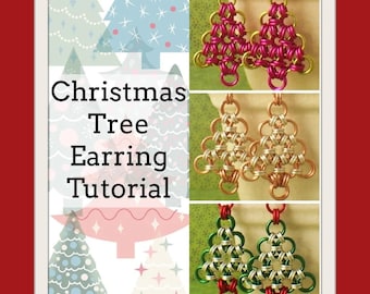 May include: A set of chainmaille earrings shaped like Christmas trees, displayed in three color variations: bright pink, metallic copper, and a combination of green, silver, and red. The image includes the text Christmas Tree Earring Tutorial.