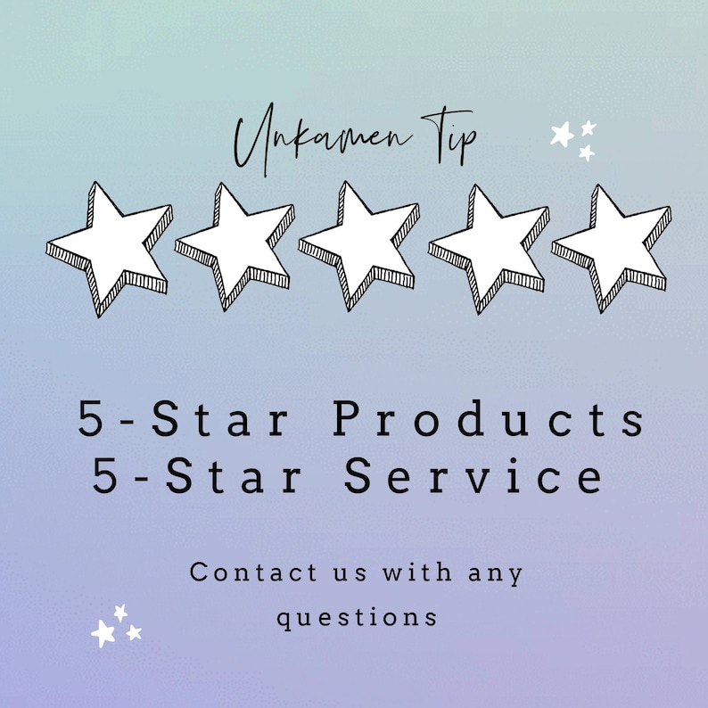May include: A graphic with five white stars, the text "Unkamen Tip", and the text "5-Star Products 5-Star Service". Below the stars is the text "Contact us with any questions".