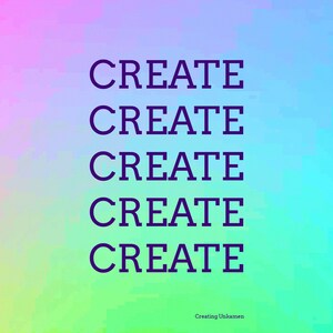 Puede incluir: Un gr&aacute;fico digital que presenta la palabra CREATE repetida cinco veces en una fuente serif de color morado oscuro, centrada verticalmente sobre un fondo degradado vibrante y multicolor que va del rosa al azul y al verde. El texto Creating Unkamen est&aacute; abajo.