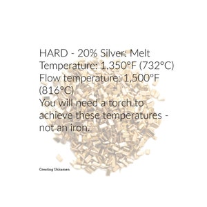 Puede incluir: Un primer plano de un mont&oacute;n de virutas de metal de color dorado. El texto dice: "HARD - 20% Silver: Melt Temperature: 1,350&deg;F (732&deg;C) Flow temperature: 1,500&deg;F (816&deg;C) You will need a torch to achieve these temperatures - not an iron."