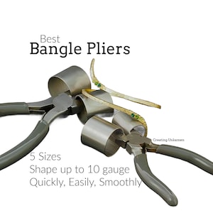 May include: A set of metal bangle pliers with five different sizes for shaping metal bangles up to 10 gauge. The pliers are shown with a gold bangle with green gemstones. The text "Best Bangle Pliers" is at the top of the image. The text "5 Sizes Shape up to 10 gauge Quickly, Easily, Smoothly" is at the bottom of the image. The text "Creating Unkamen" is in the lower right corner of the image.