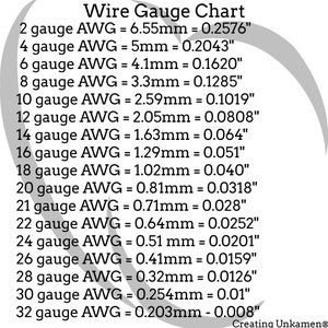 May include: A chart showing the wire gauge sizes in American Wire Gauge (AWG) with corresponding measurements in millimeters and inches. The chart lists gauges from 2 to 32, with the largest gauge at the top and the smallest gauge at the bottom.
