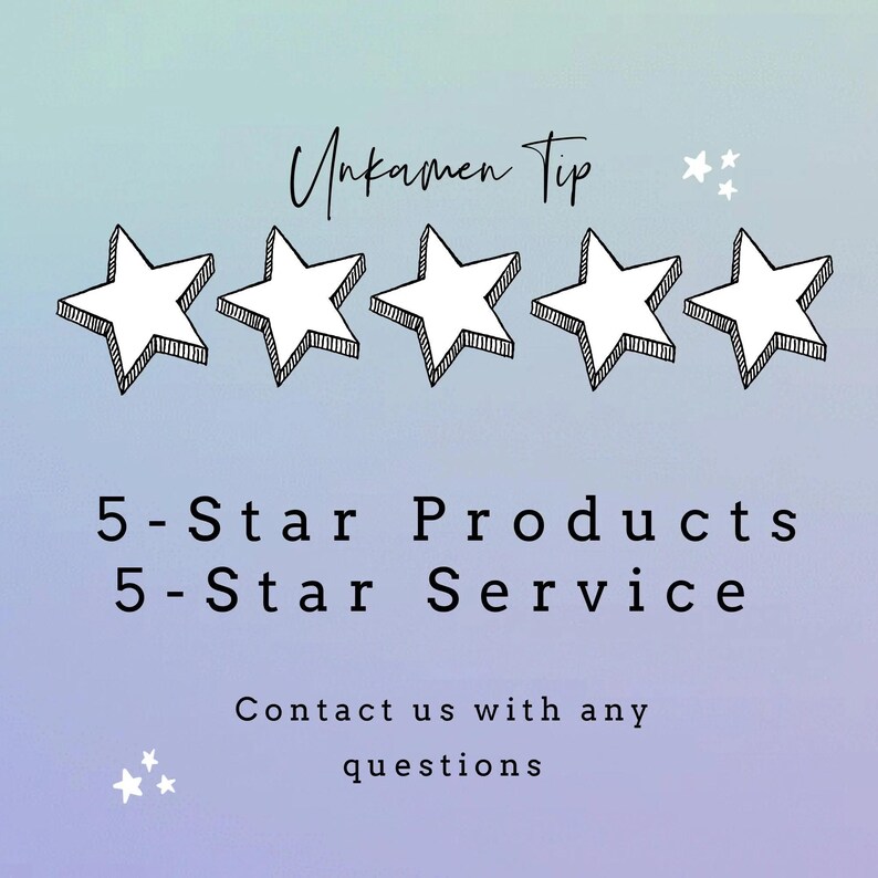 Peut inclure: Un graphique num&eacute;rique sur un fond d&eacute;grad&eacute; bleu clair &agrave; violet avec le texte Unkamen Tip, 5-Star Products, 5-Star Service et Contact us with any questions. Cinq &eacute;toiles blanches dessin&eacute;es &agrave; la main avec des contours noirs sont centr&eacute;es.