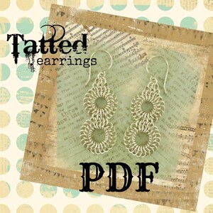 May include: A pair of silver tatted earrings with a circular design. The earrings are on a vintage background with the word "PDF" in large black letters.