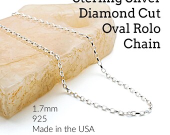 Necklace 1.7mm Sterling Silver Diamond Cut Oval Rolo Chain - Black, Antique or Shiny Any Length or By The Foot -  Made in the USA