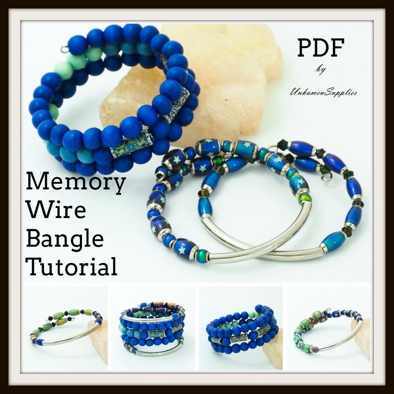 May include: A PDF tutorial for making memory wire bangles. The tutorial shows how to make three different styles of bangles using blue and green beads, silver wire, and star-shaped beads. The tutorial is by Unkamen Supplies.