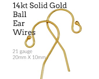 Alambres para pendientes, 1 par, oro macizo de 14 kt, estilo bola, calibre 21, 22 mm x 10 mm