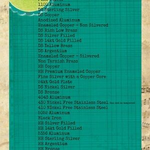 May include: A teal informational chart titled Wire Tempers From Softest to Hardest, featuring a grid background and a list of metal types ranging from Fine Silver to Memory Wire, organised by their relative hardness levels in a vertical column.
