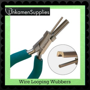 May include: Teal and silver wire looping pliers with the brand name "Wubbers" printed on the handle. The pliers have a close-up view of the looping jaw.